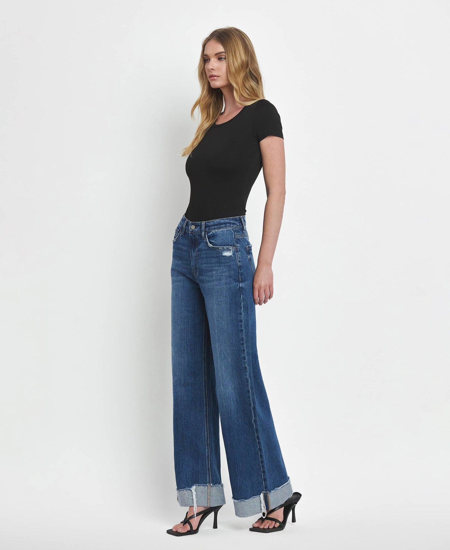 SUPER HIGH RISE CUFFED BAGGY WIDE JEANS T6614