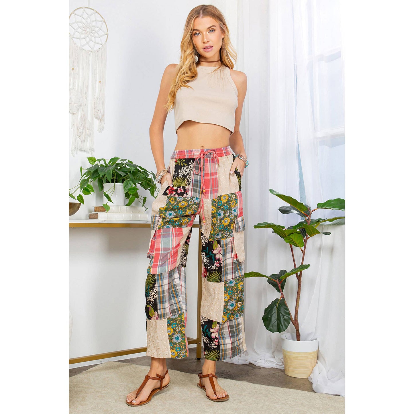 Bohemian Patchwork Straight Pant Plaid & Schiffli Embroidery