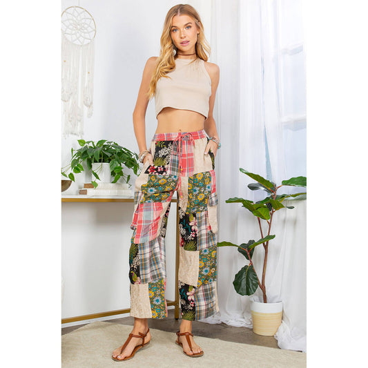 Bohemian Patchwork Straight Pant Plaid & Schiffli Embroidery