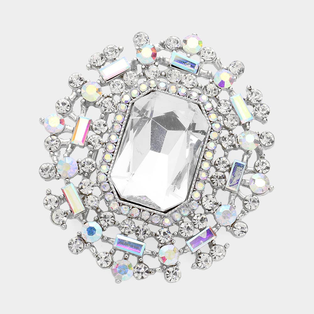 Rectangle Glass Stone Pointed Pearl Embellished Pin Brooch