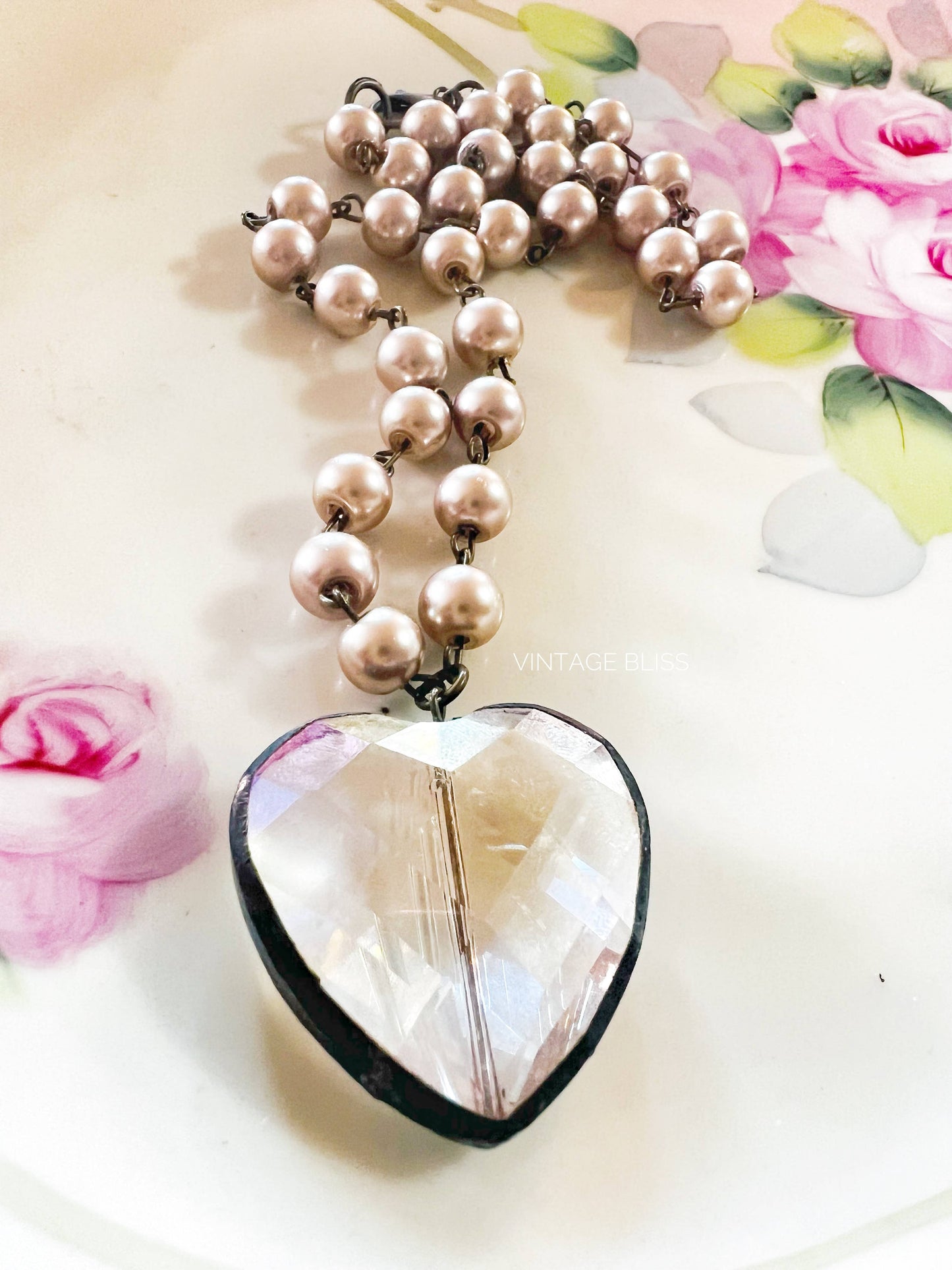 Soldered Crystal Heart Coffee Pearl Beaded Chain Necklace