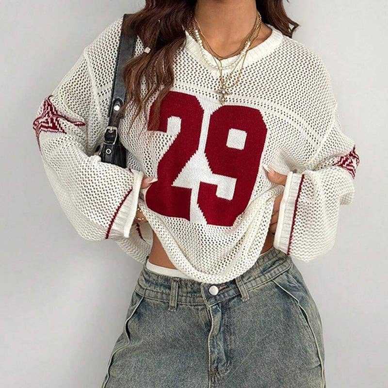 Trendy Number Crochet Hollow Out Knit Sweater DP25F529