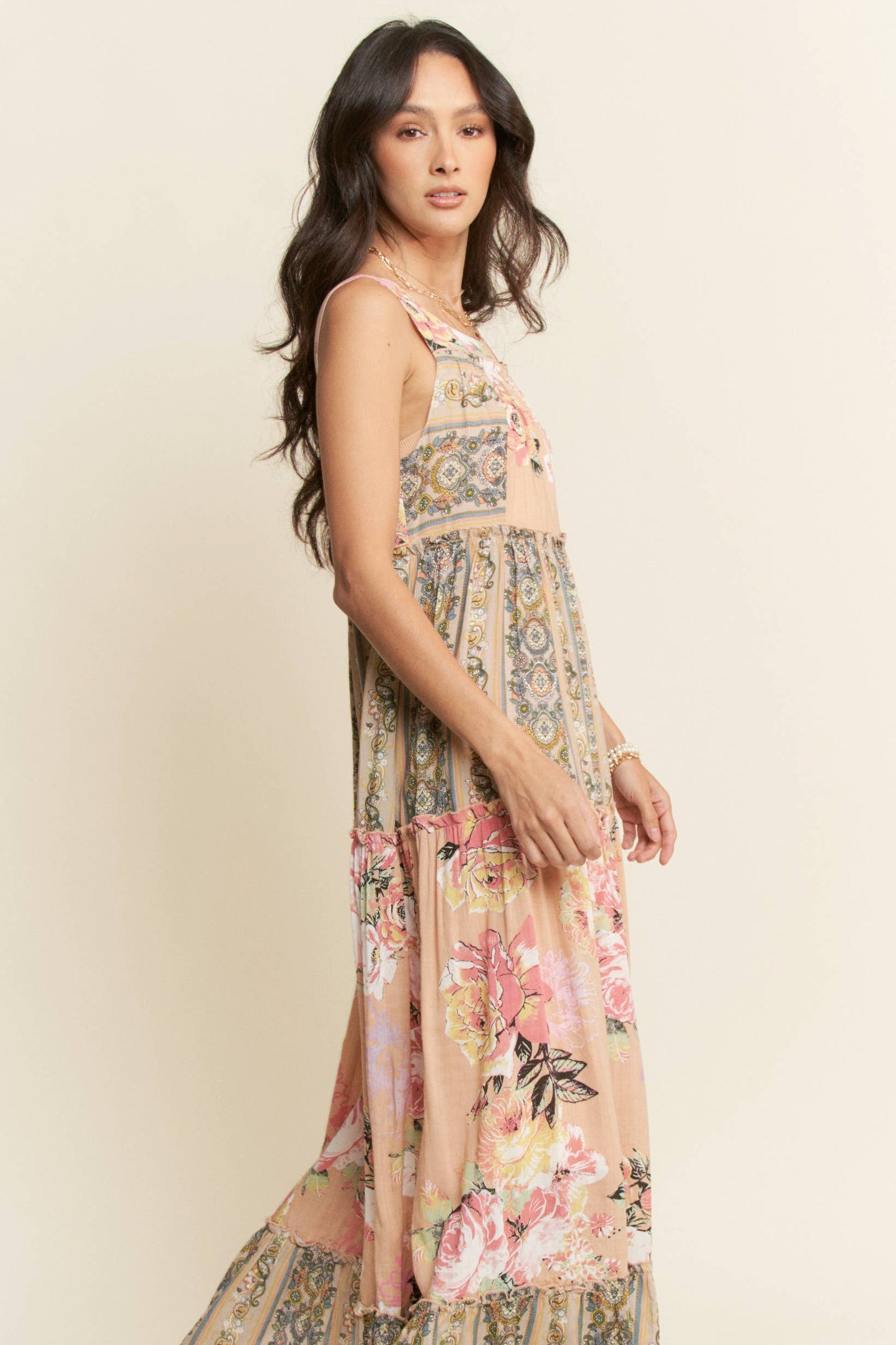 FLORAL BOHO STRIPE MIXED FULL SKIRT MIXI DRESS