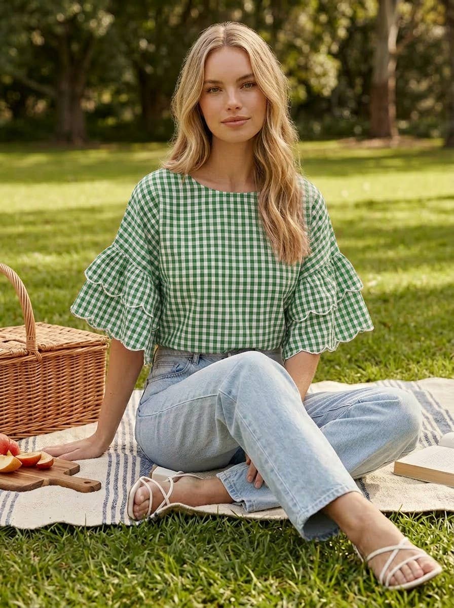 Charming Gingham Scallop Edge Wild Ruffle Cotton Top VT83548