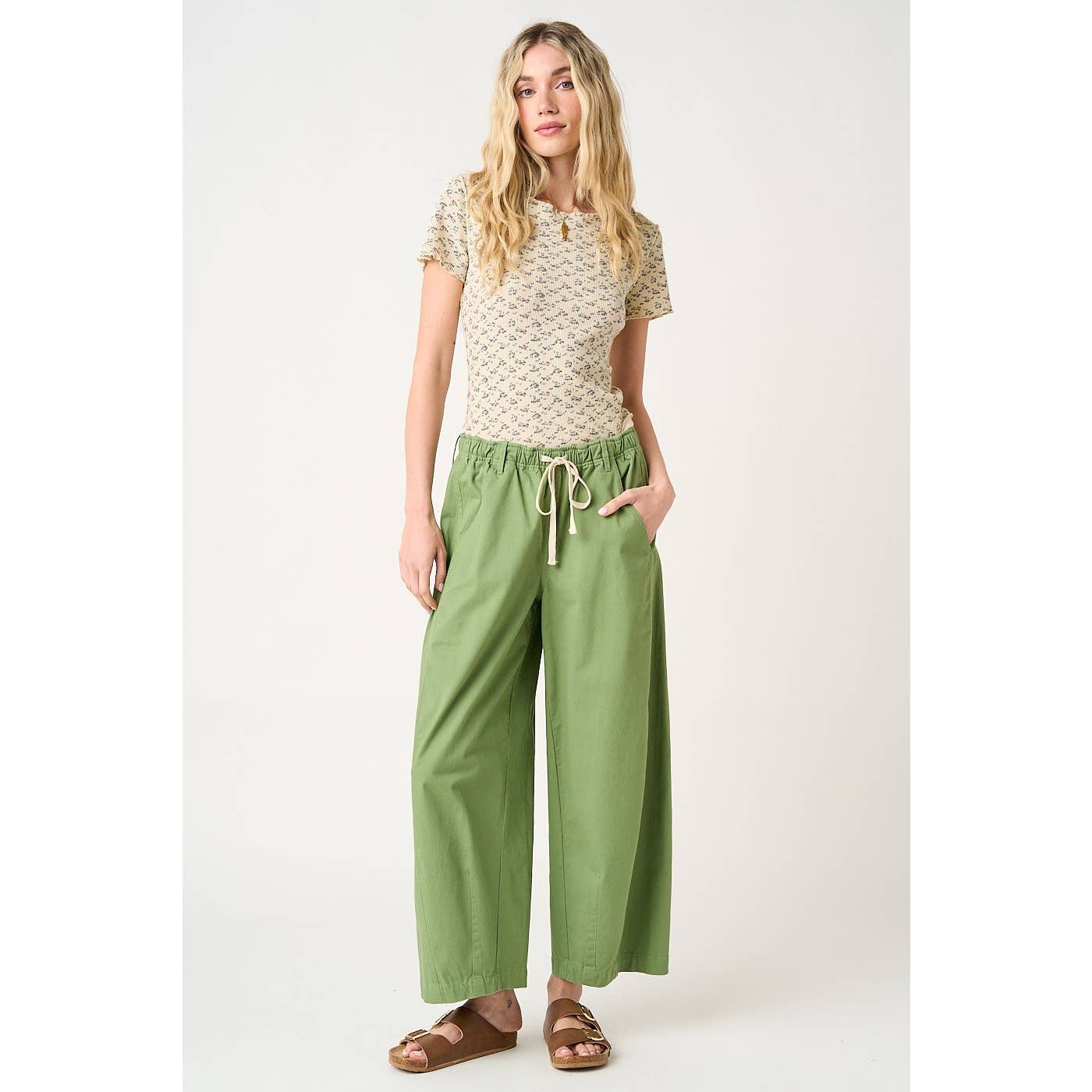 WIDE BARREL LEG DRAWSTRING ELASTIC WAIST PANTS