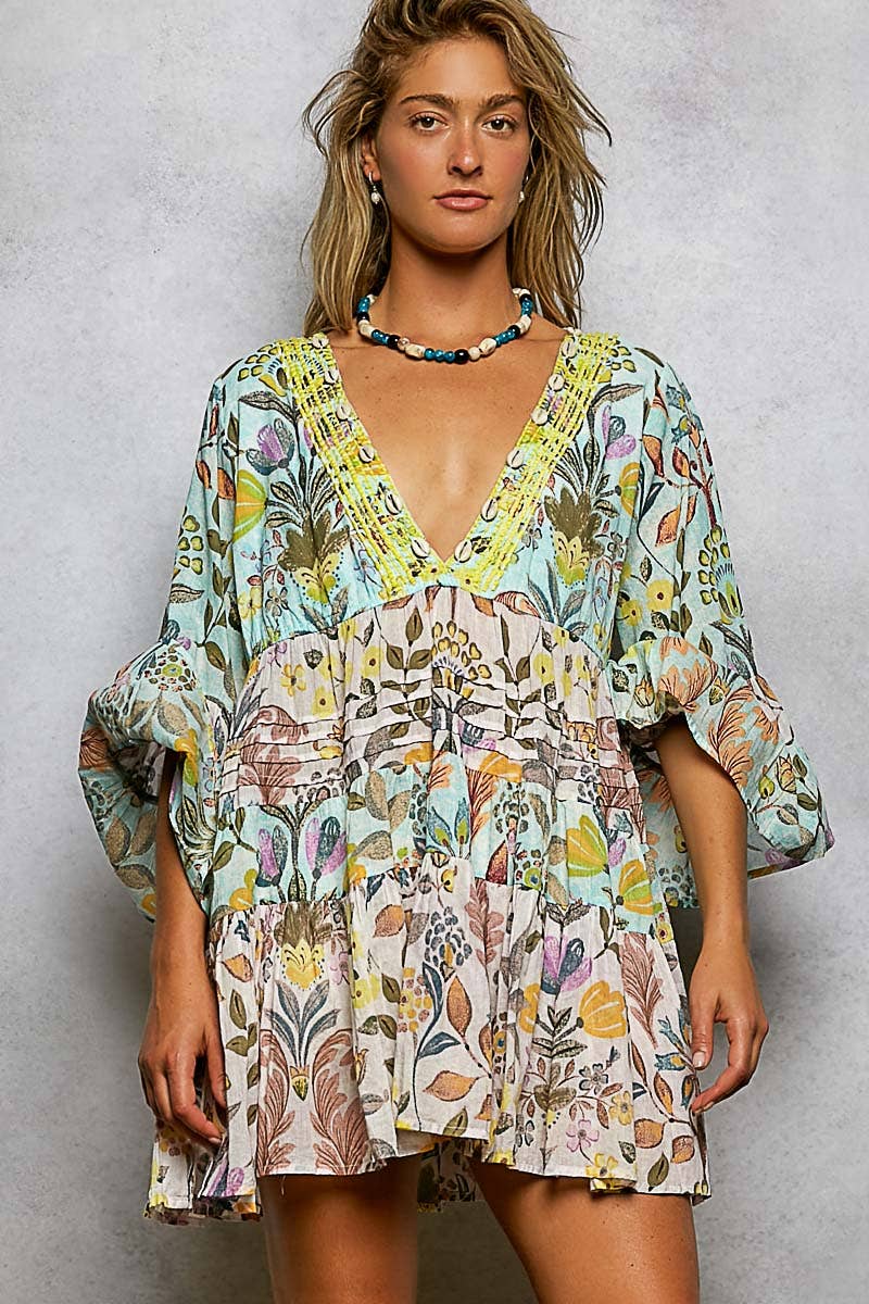 3/4 Sleeveless V-neck Seashell Shape Printed Woven Dress