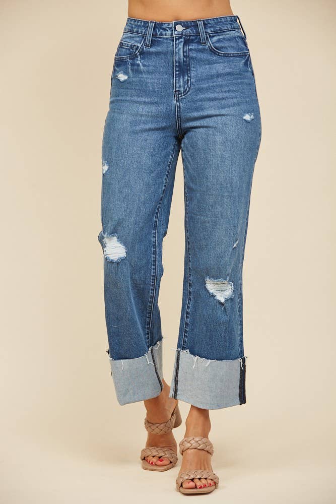 STRAIGHT LEG BOYFRIEND FIT CUFFED JEANS -DENIM