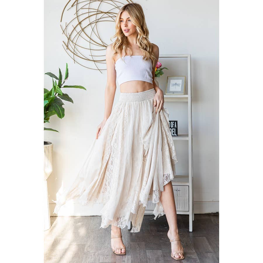 CHIFFON LACE MIXED OVERLAY A-LINE MIDI SKIRT