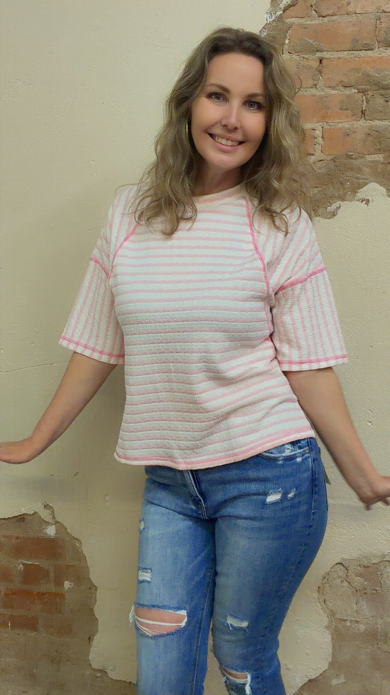 Stripe Textured Knit Split Hem Half Sleeve Loose Top (S-4X)