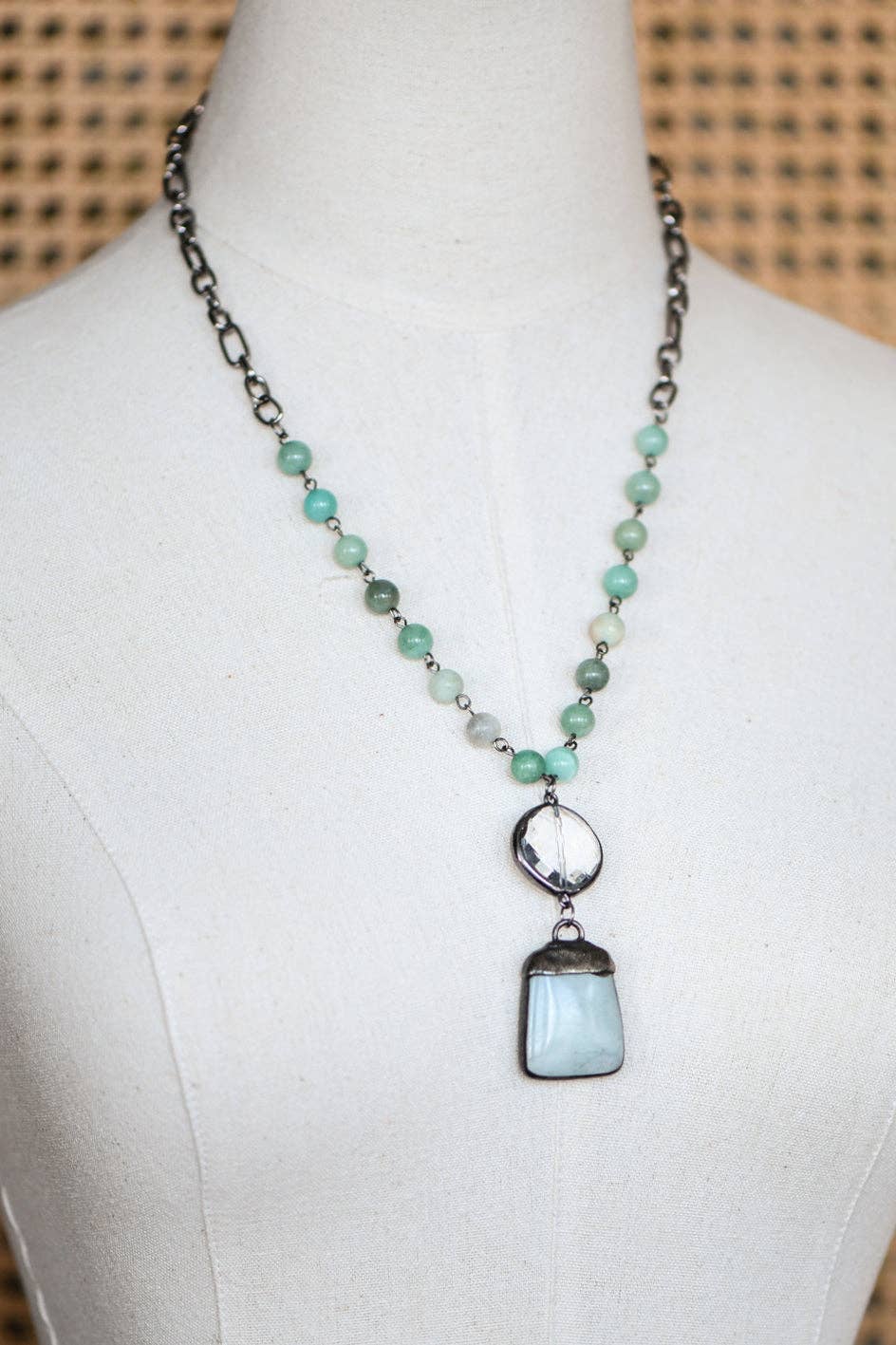 Natural Stone Pendant Beaded Chain Link Necklace - 6463