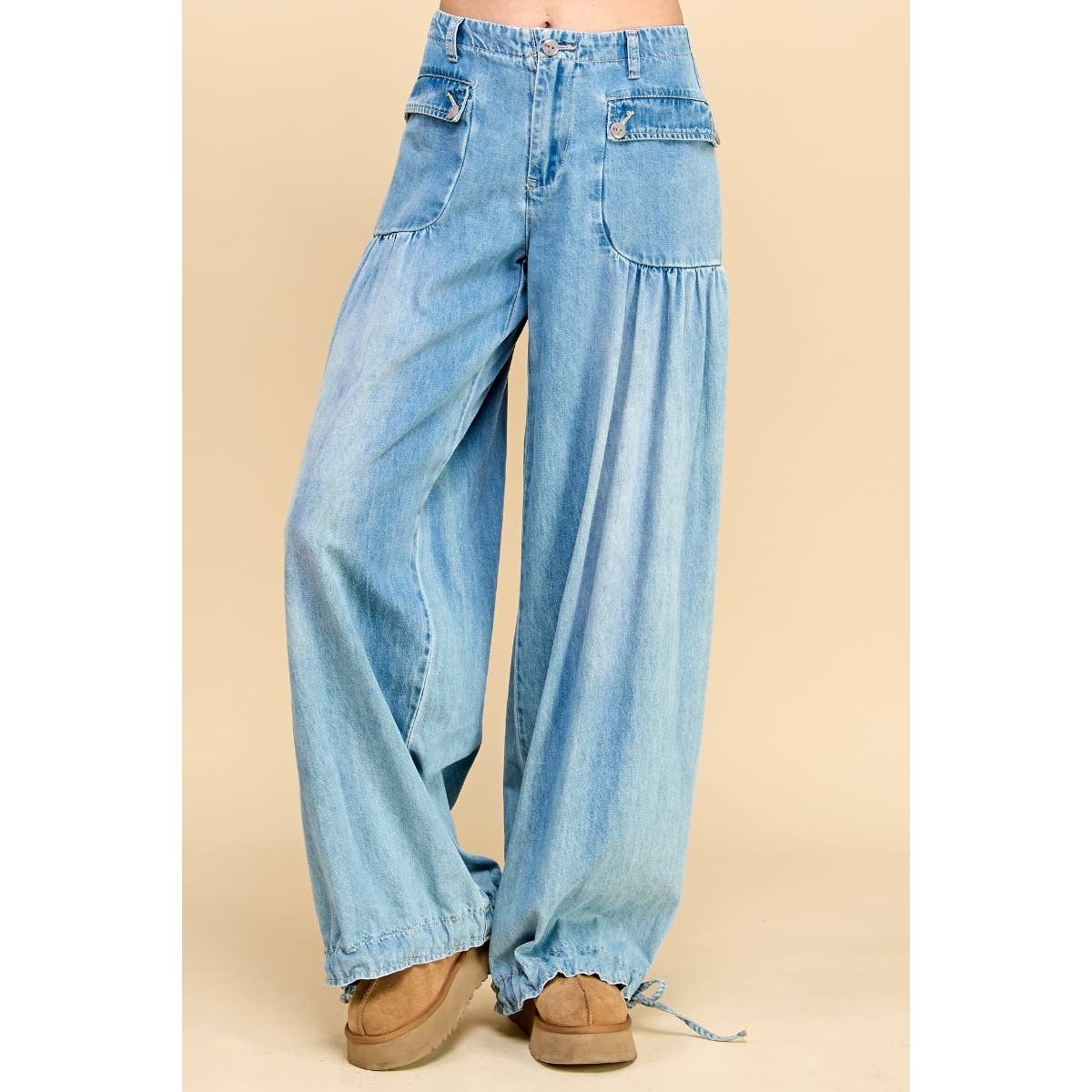 Ankle Drawstring Wide Denim Pants