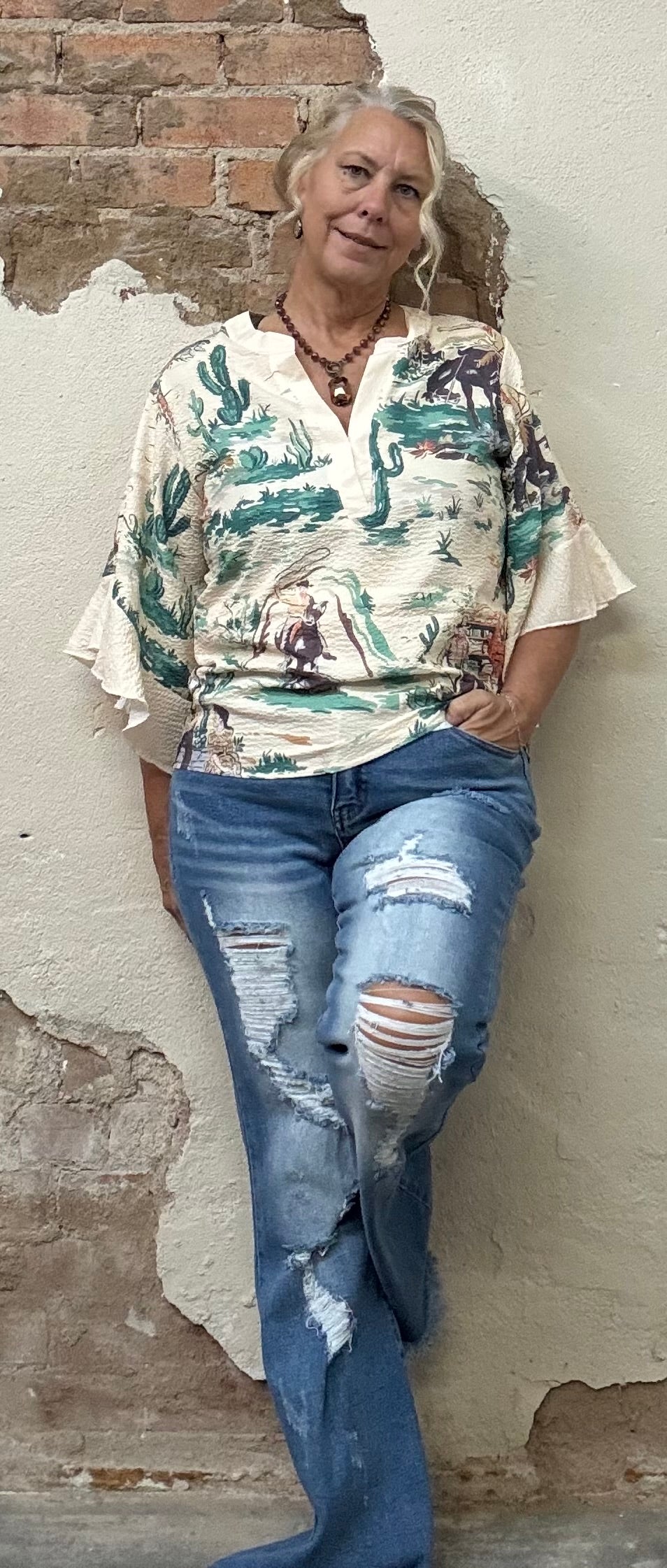 Wild Western Cowboy & Floral Print Ruffle Sleeve Top