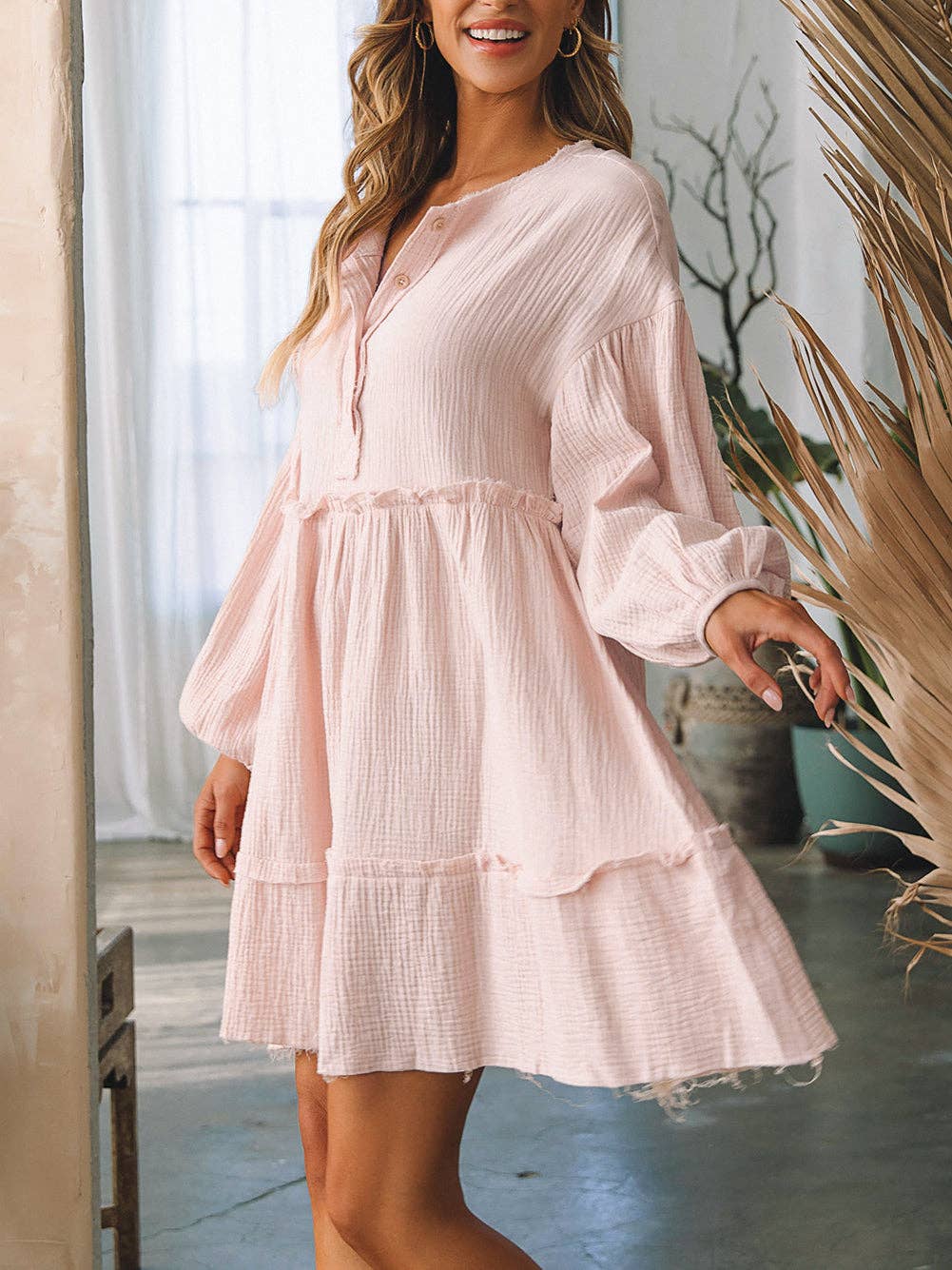 Crinkle Distressed Puff Sleeve Flared Dress