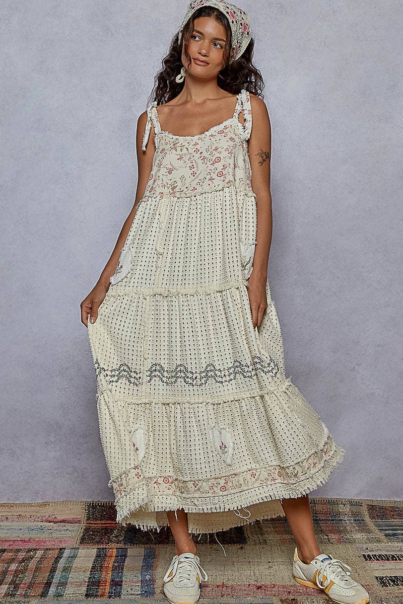 Sleeveless ruffle strap textured woven denim maxi dress