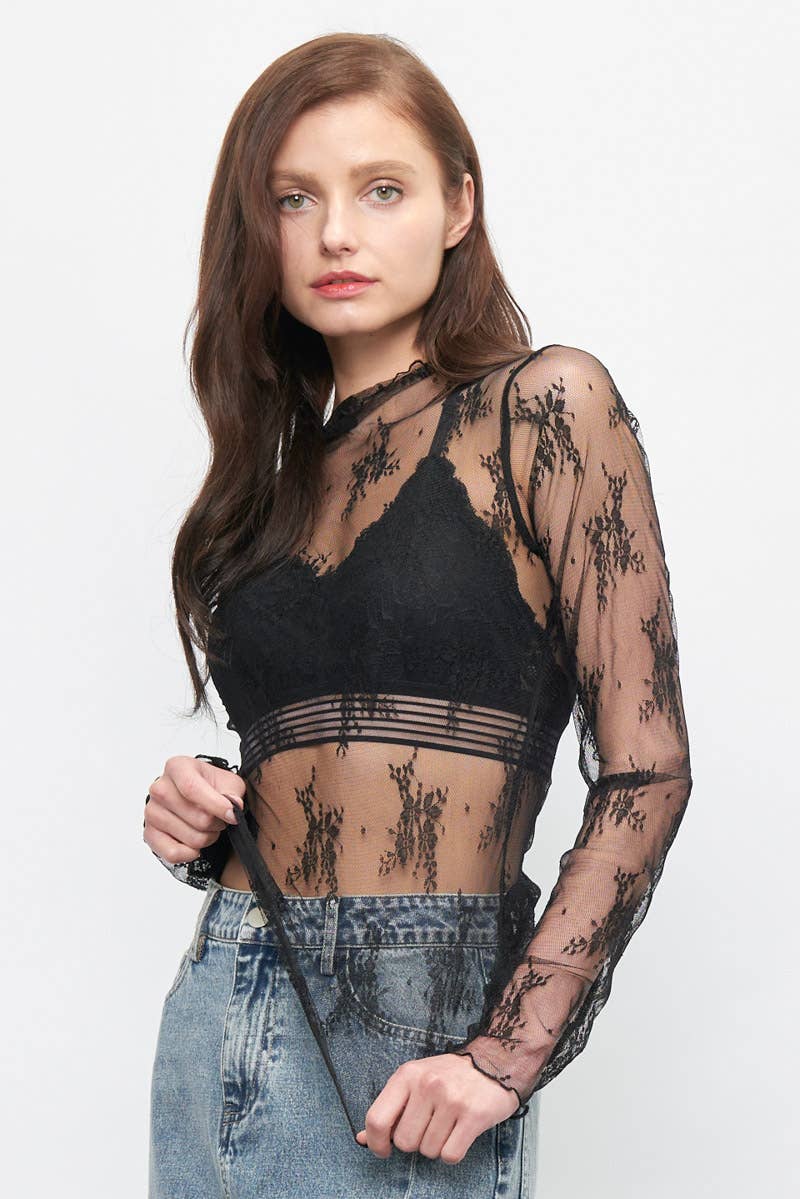 LONG SLEEVE SHEER LACE MESH TOP