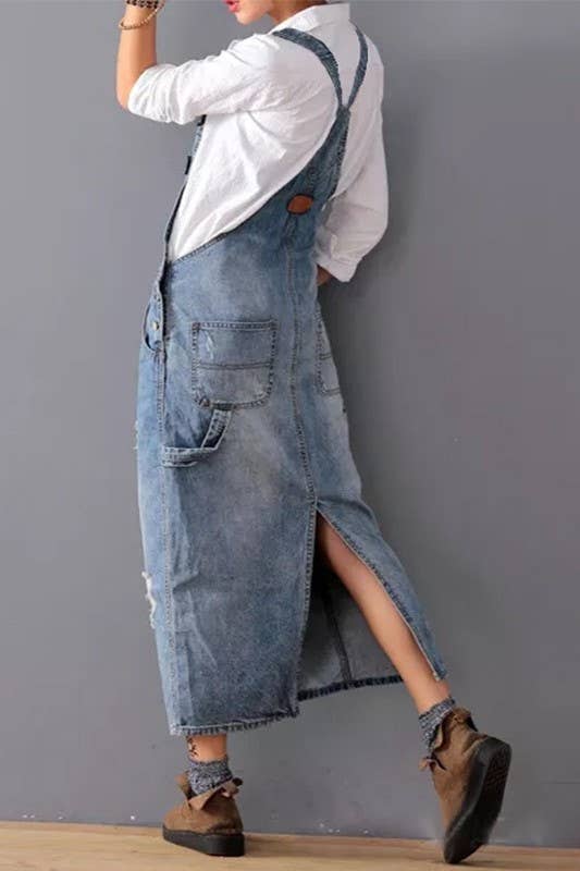 Distressed Ripped denim overall dress