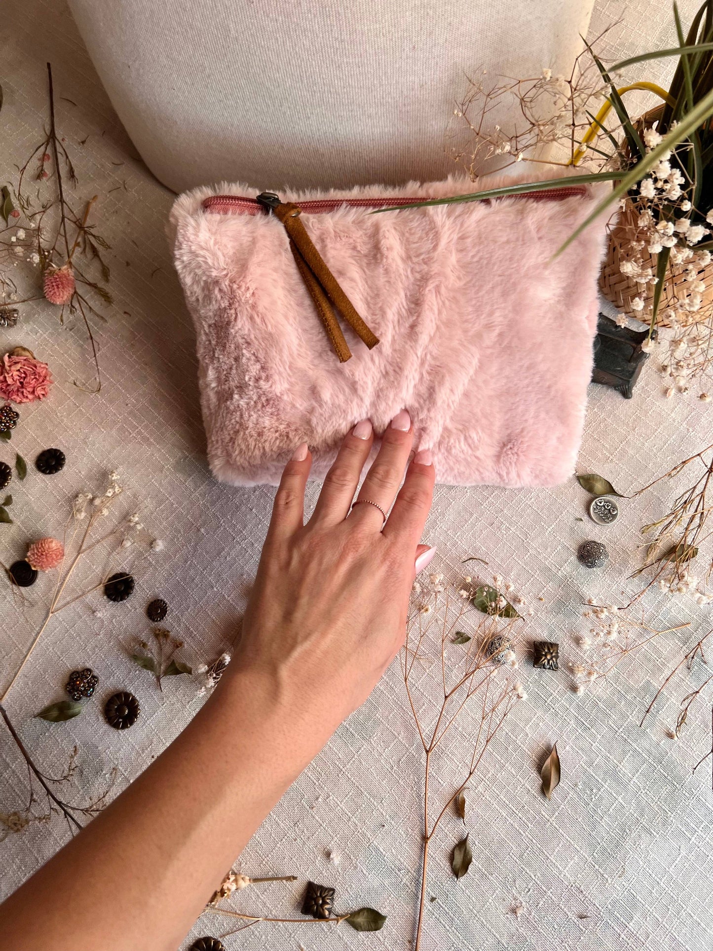 Pink Vegan Fur Zipper Accessories Pouch Clutch