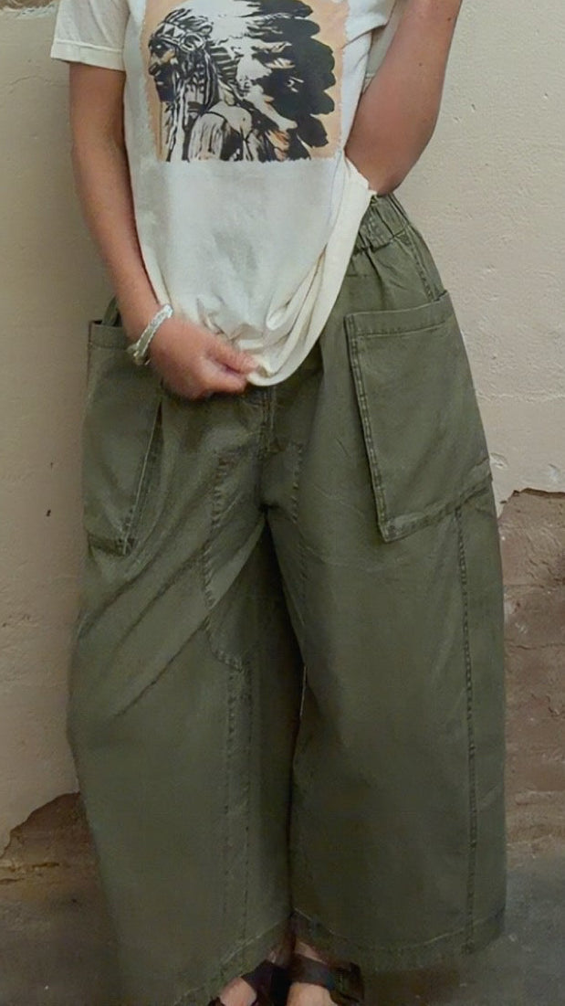 WASHED COTTON OVERSIZED POCKETS WIDE CARGO PANTS