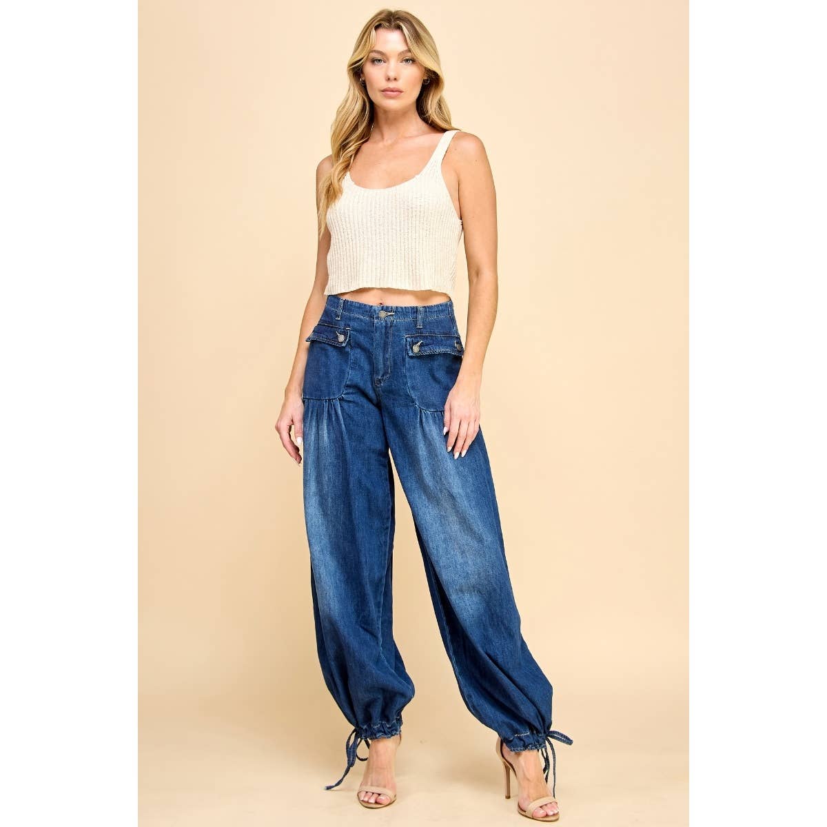 Ankle Drawstring Wide Denim Pants