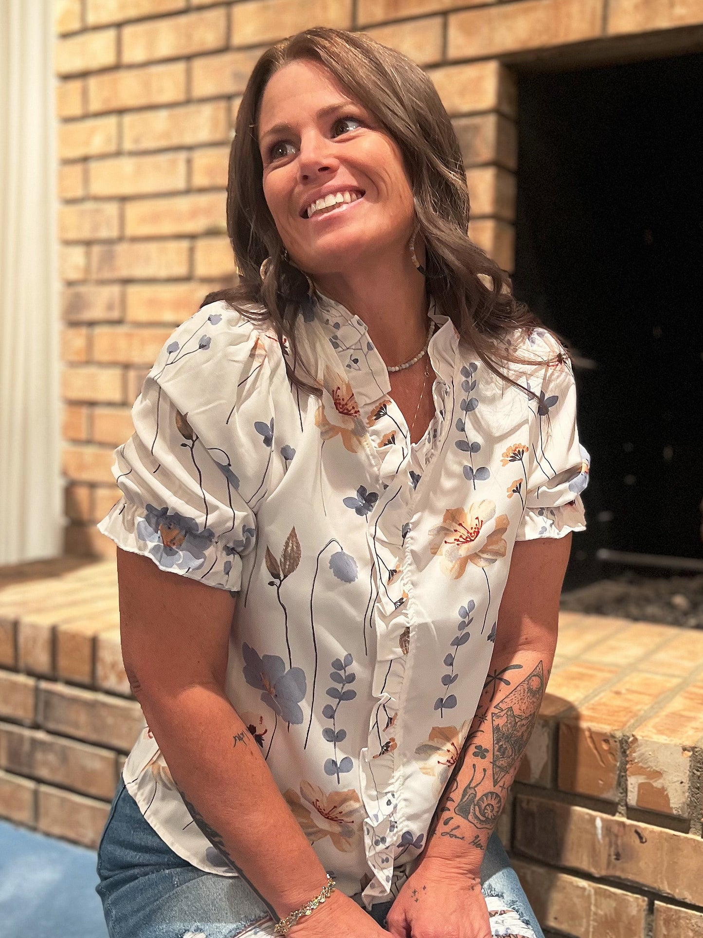 Ruffled V-Neck Floral Printed Puff Sleeve Blouse