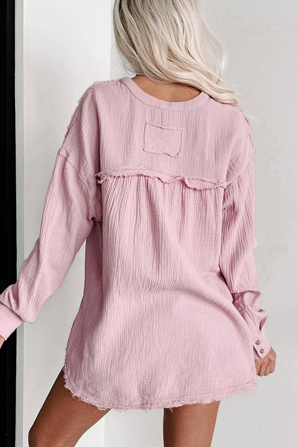 Crinkle Long Sleeve Distressed Split Henley Top pink