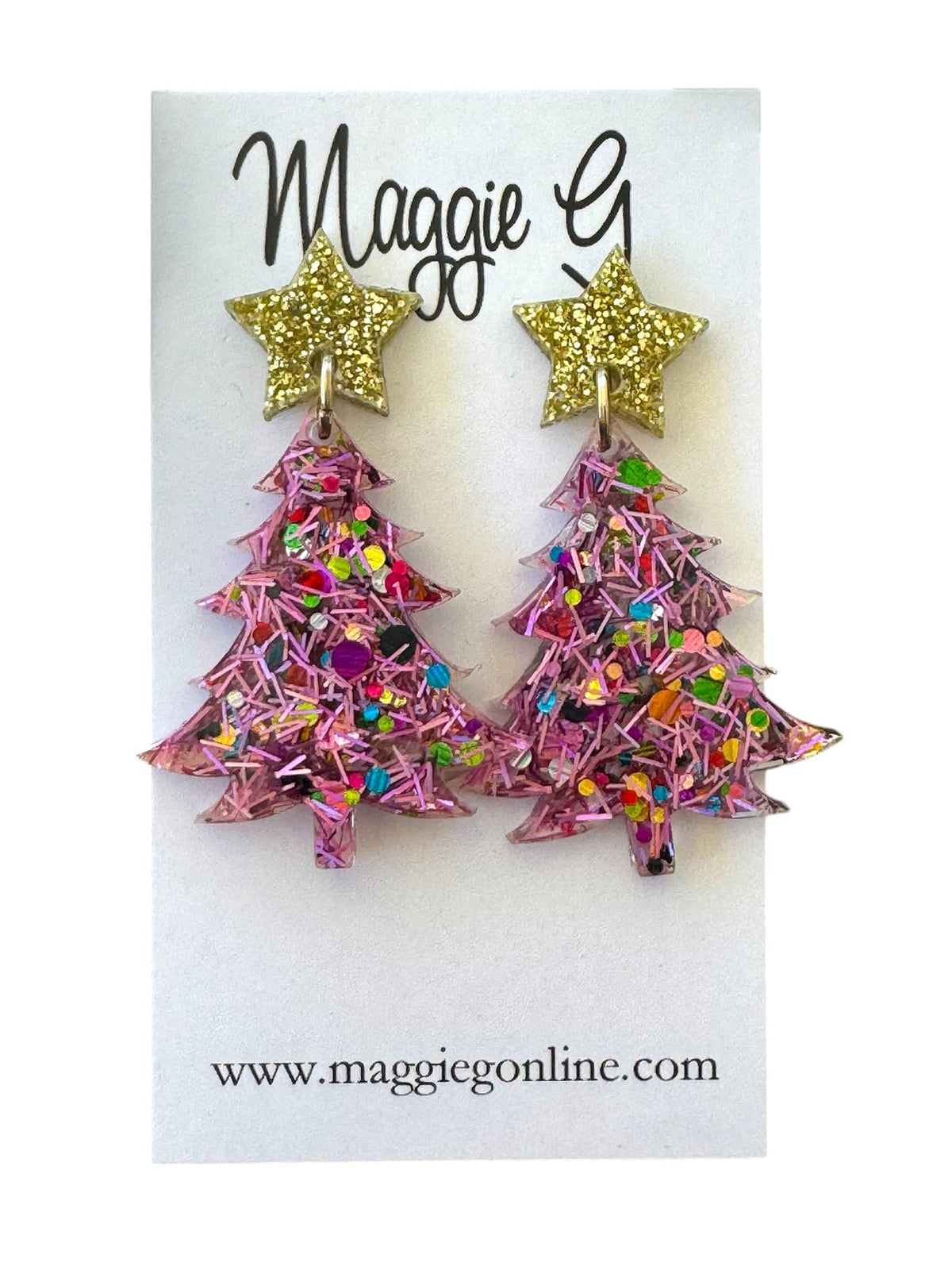 Christmas Tree Pink Tinsel Resin Earrings 
