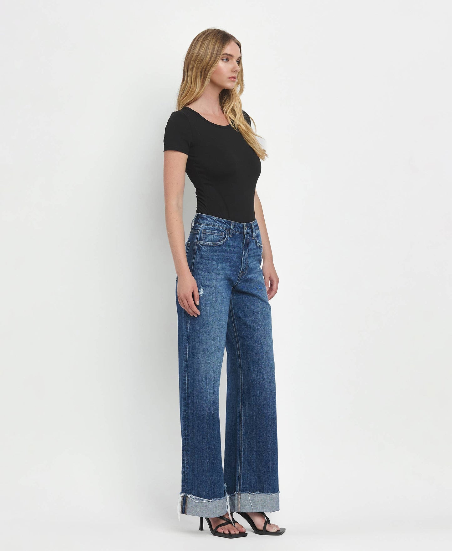 SUPER HIGH RISE CUFFED BAGGY WIDE JEANS T6614