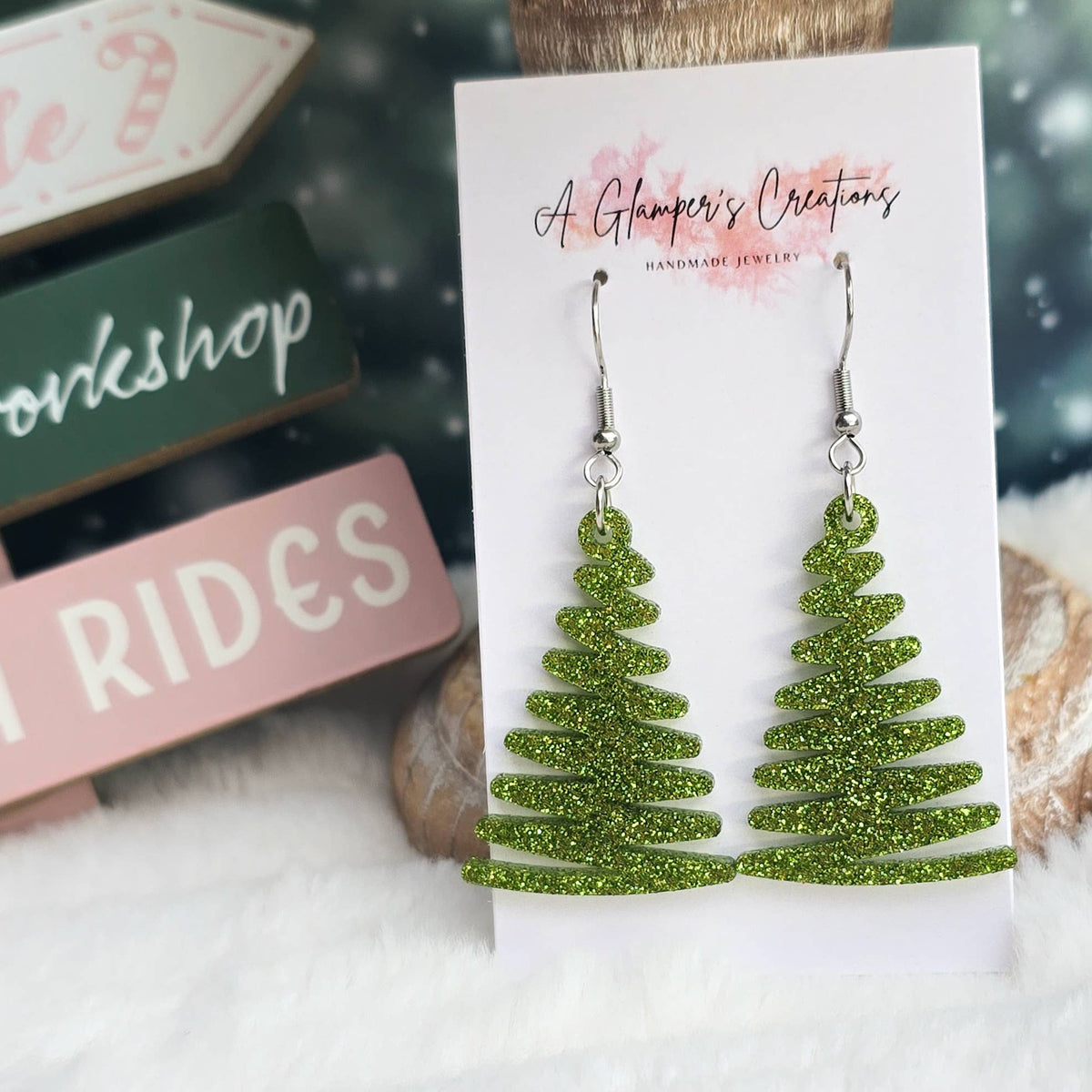 Light Green Glitter Christmas Ribbon Tree Acrylic Earrings