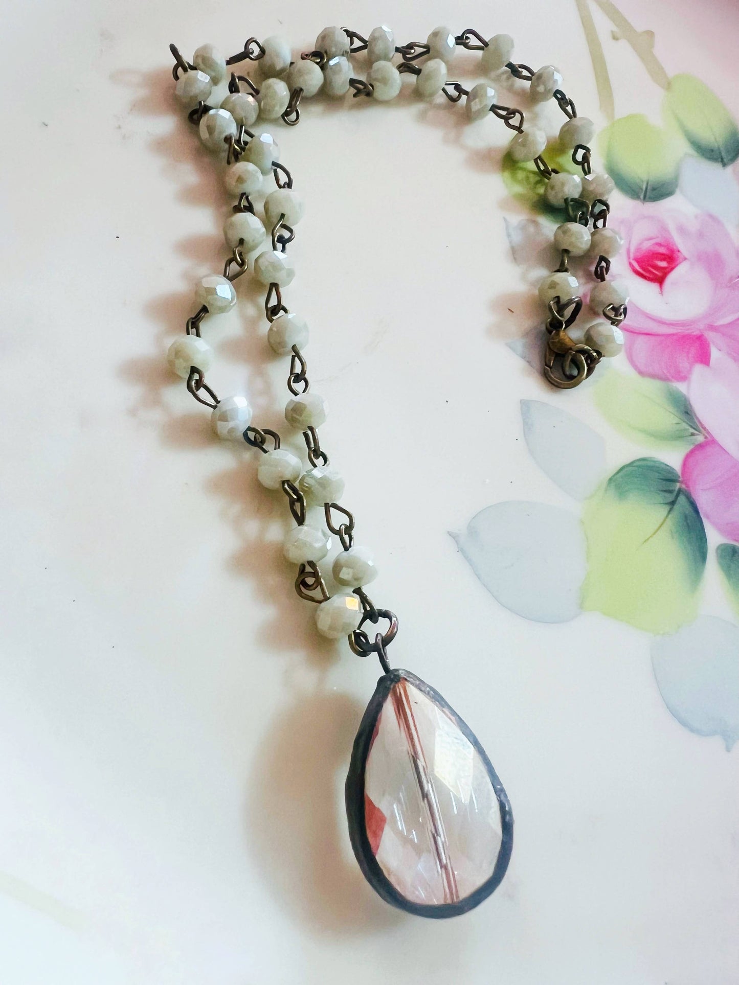 Soldered Crystal Drop Sage Green Beaded Chain Necklace