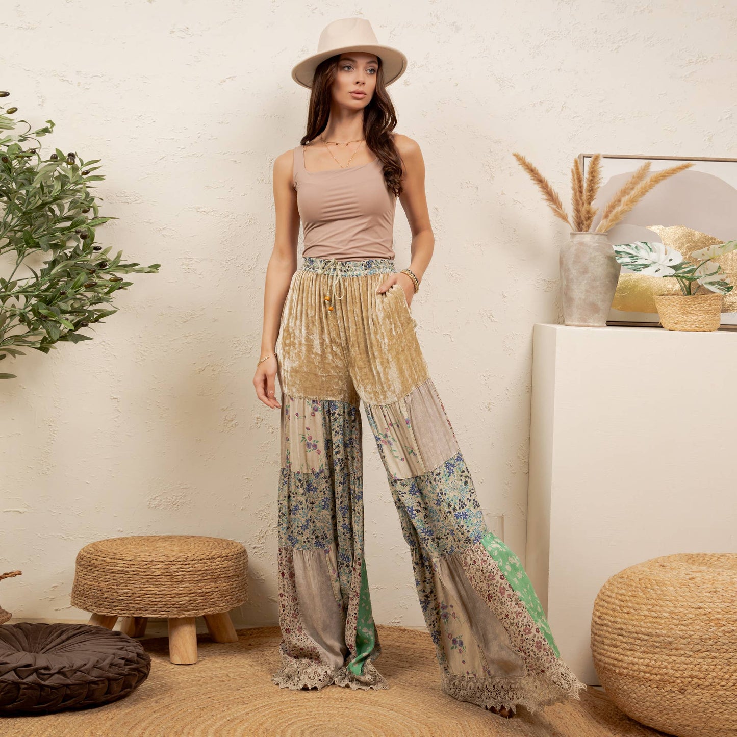 Boho Tiered Patchwork Flare Pant Velvet Drawstring Waist NEW
