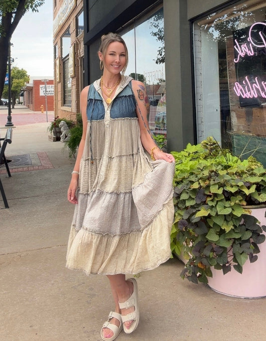 Boho Tiered Sleeveless Maxi Button-Front Duster With Hood 