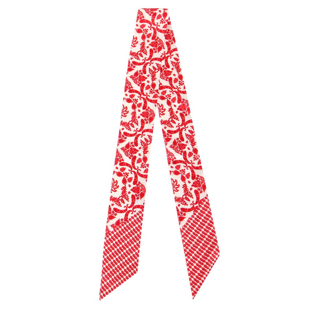 Classic Vintage Floral Motif Print Silk Feel Twilly Skinny Scarf