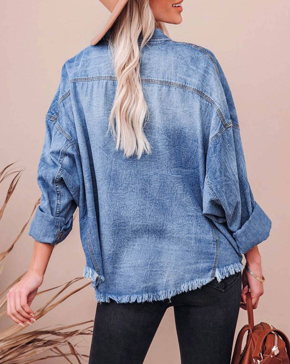 Denim Raw Hem Pocketed Shacket