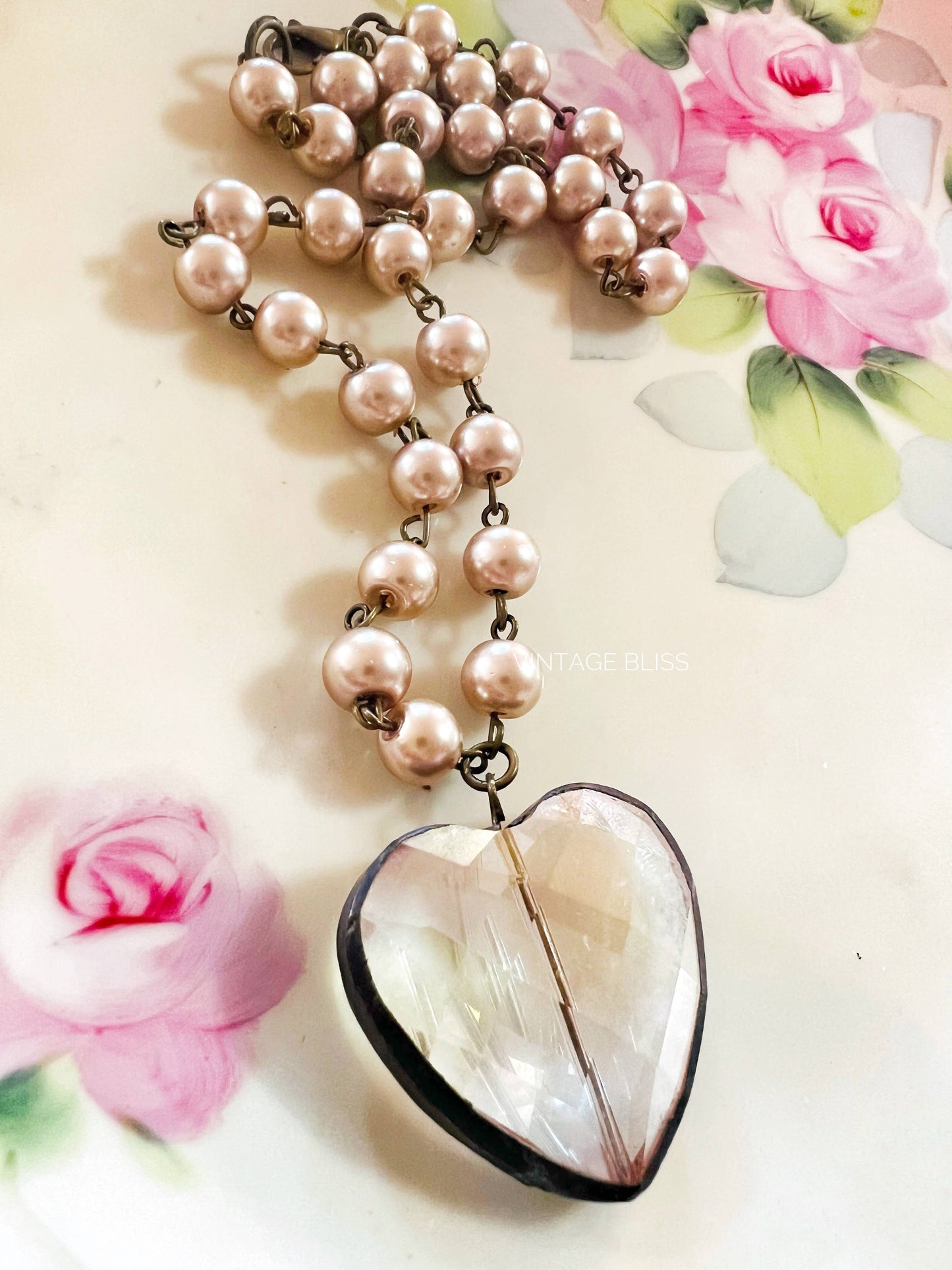 Soldered Crystal Heart Coffee Pearl Beaded Chain Necklace
