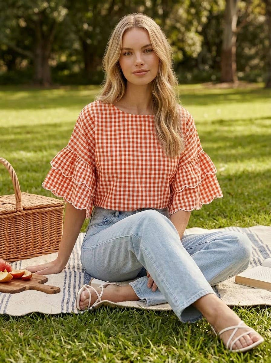 Charming Gingham Scallop Edge Wild Ruffle Cotton Top VT83548