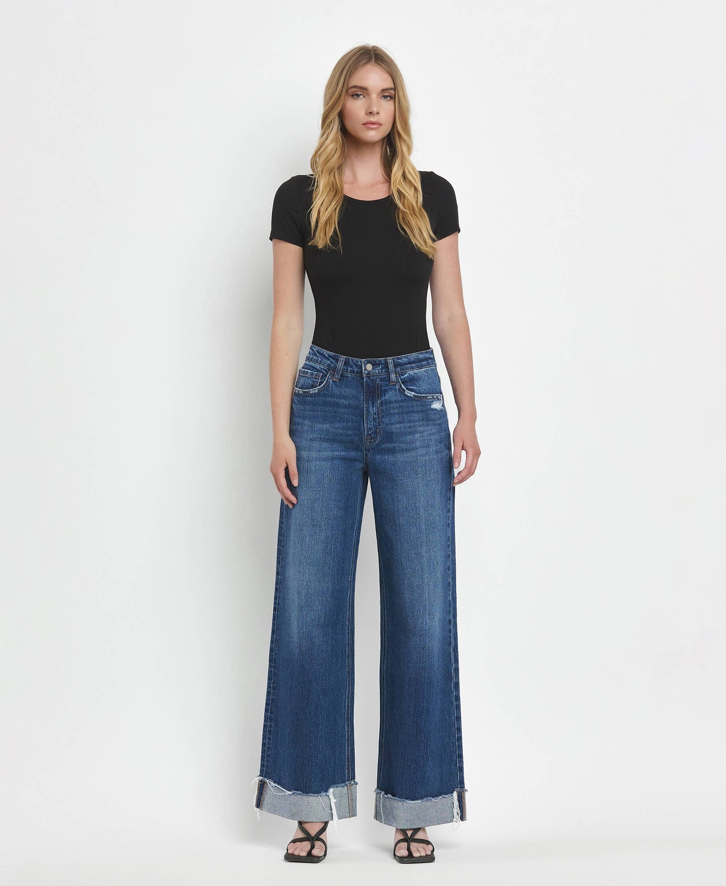 SUPER HIGH RISE CUFFED BAGGY WIDE JEANS T6614