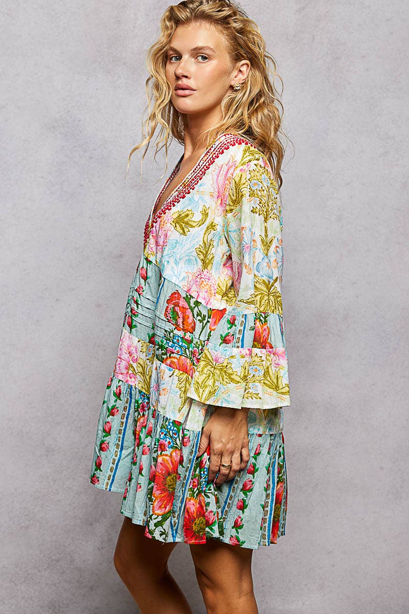 3/4 Sleeveless V-neck Seashell Shape Printed Woven Dress