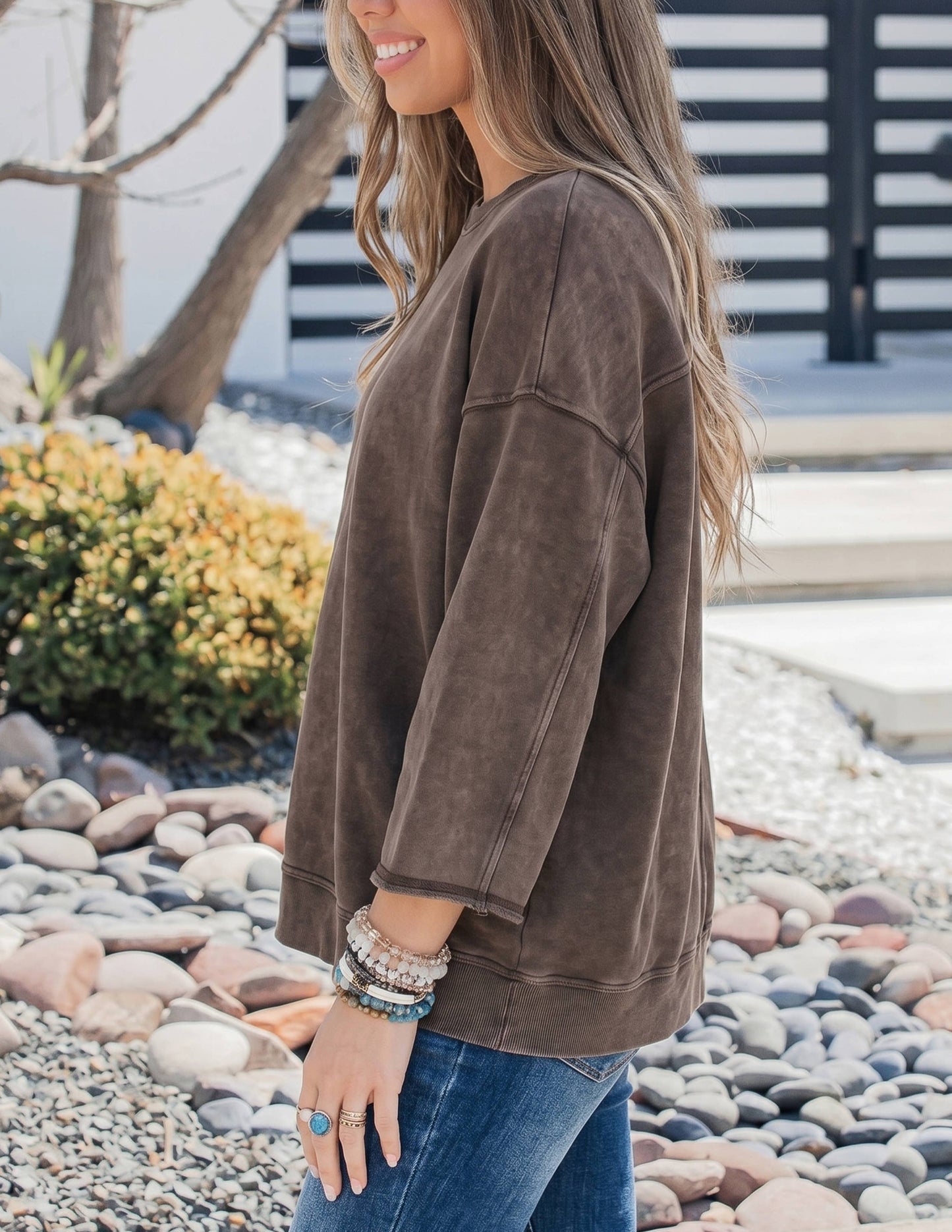 Mineral Wash 3/4 Sleeve Loose Cotton Top S-4X