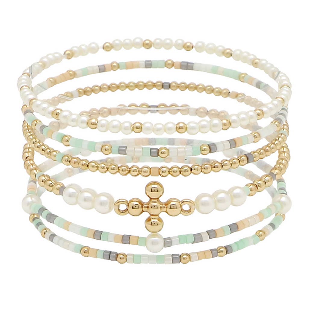 CROSS ACCENT DAINTY MULTI LAYERED BEADED STRETCH BRACELET