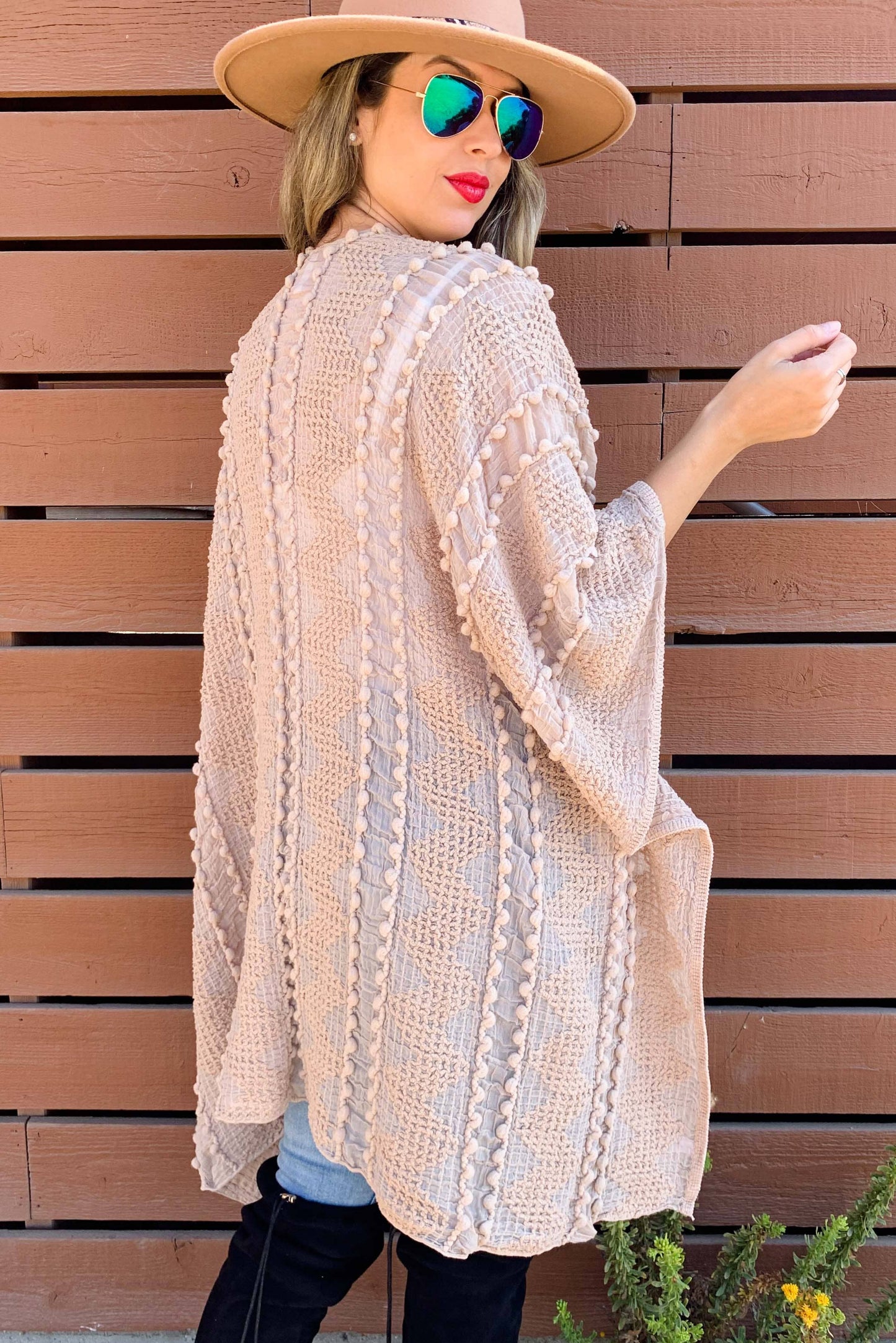 Nude 3D Textured Open Front Soft Kimono Cardigan