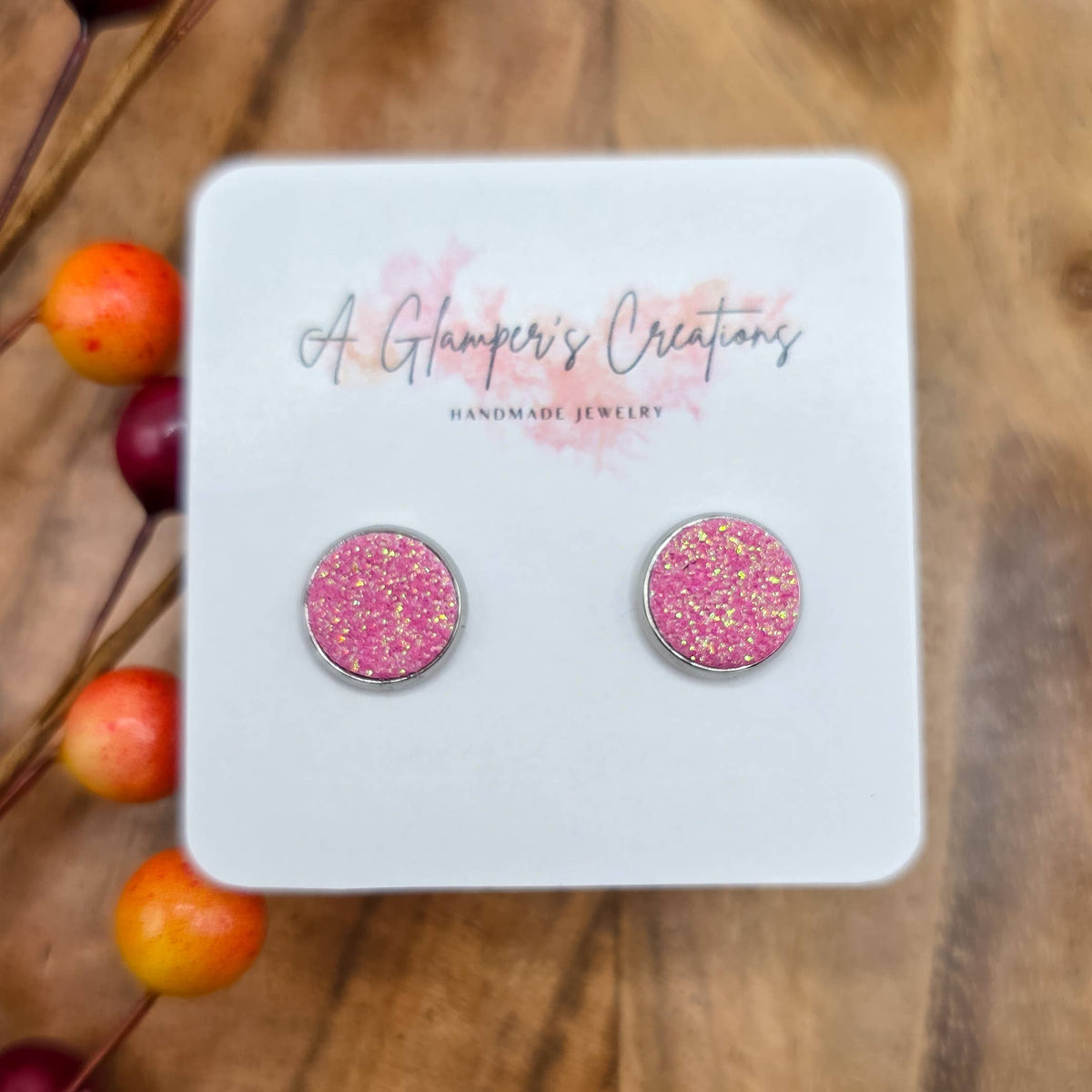 Pink Glitter Leather Stainless Steel Stud Earrings - 10 mm