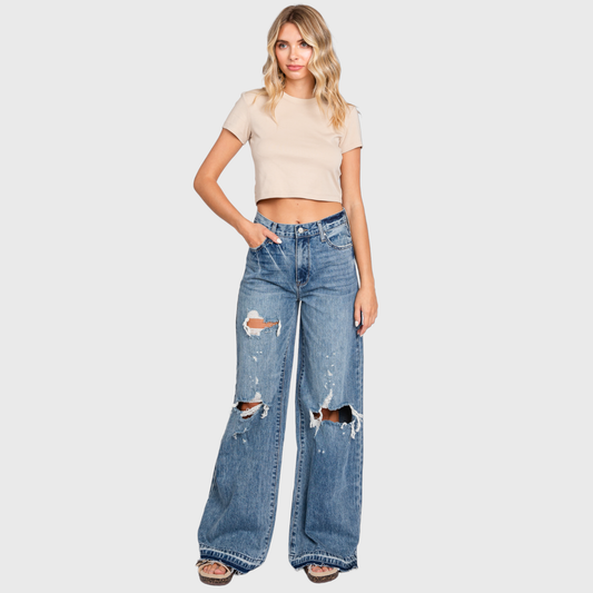 DISTRESSED HIGH RISE RIGID VINTAGE WIDE LEG JEANS