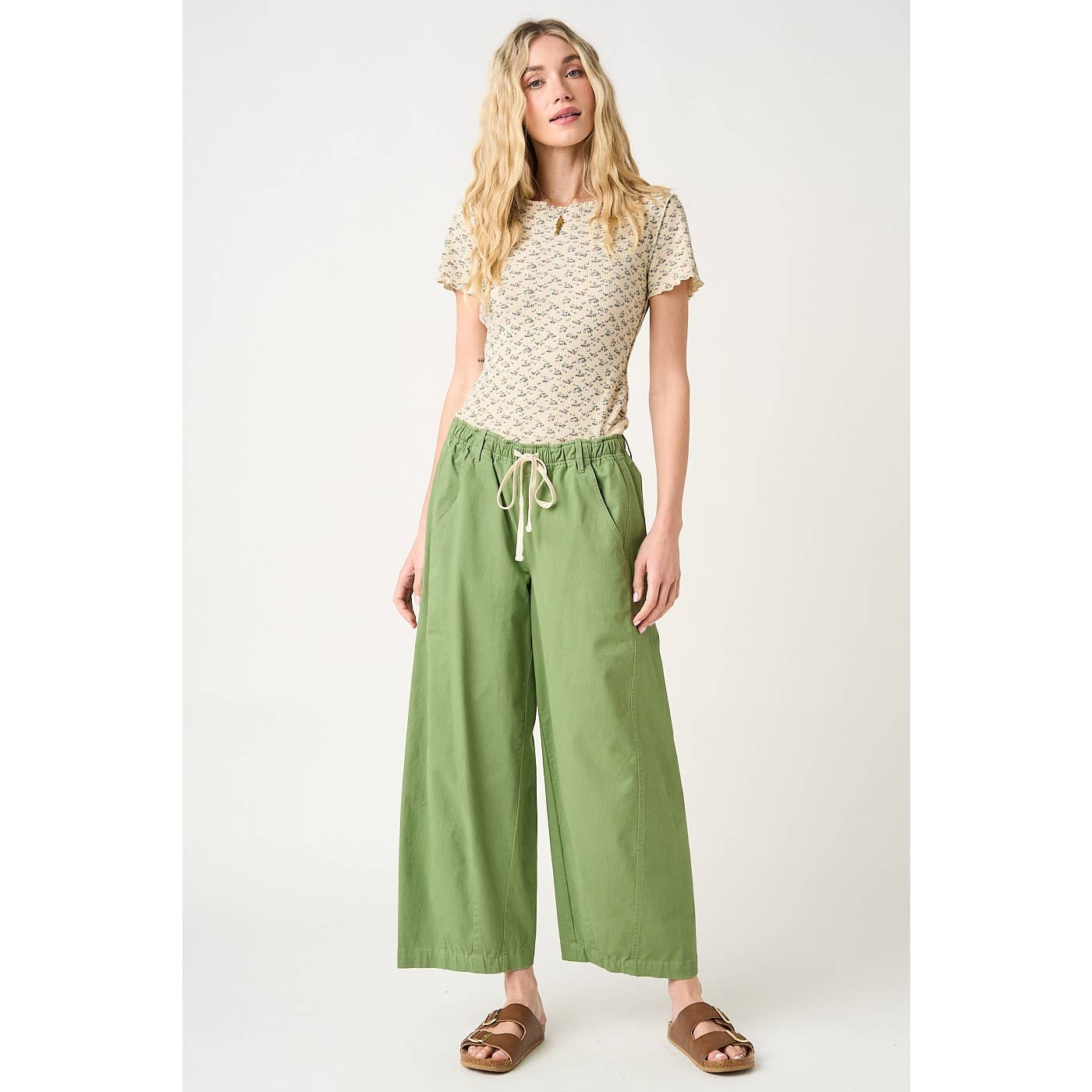 WIDE BARREL LEG DRAWSTRING ELASTIC WAIST PANTS