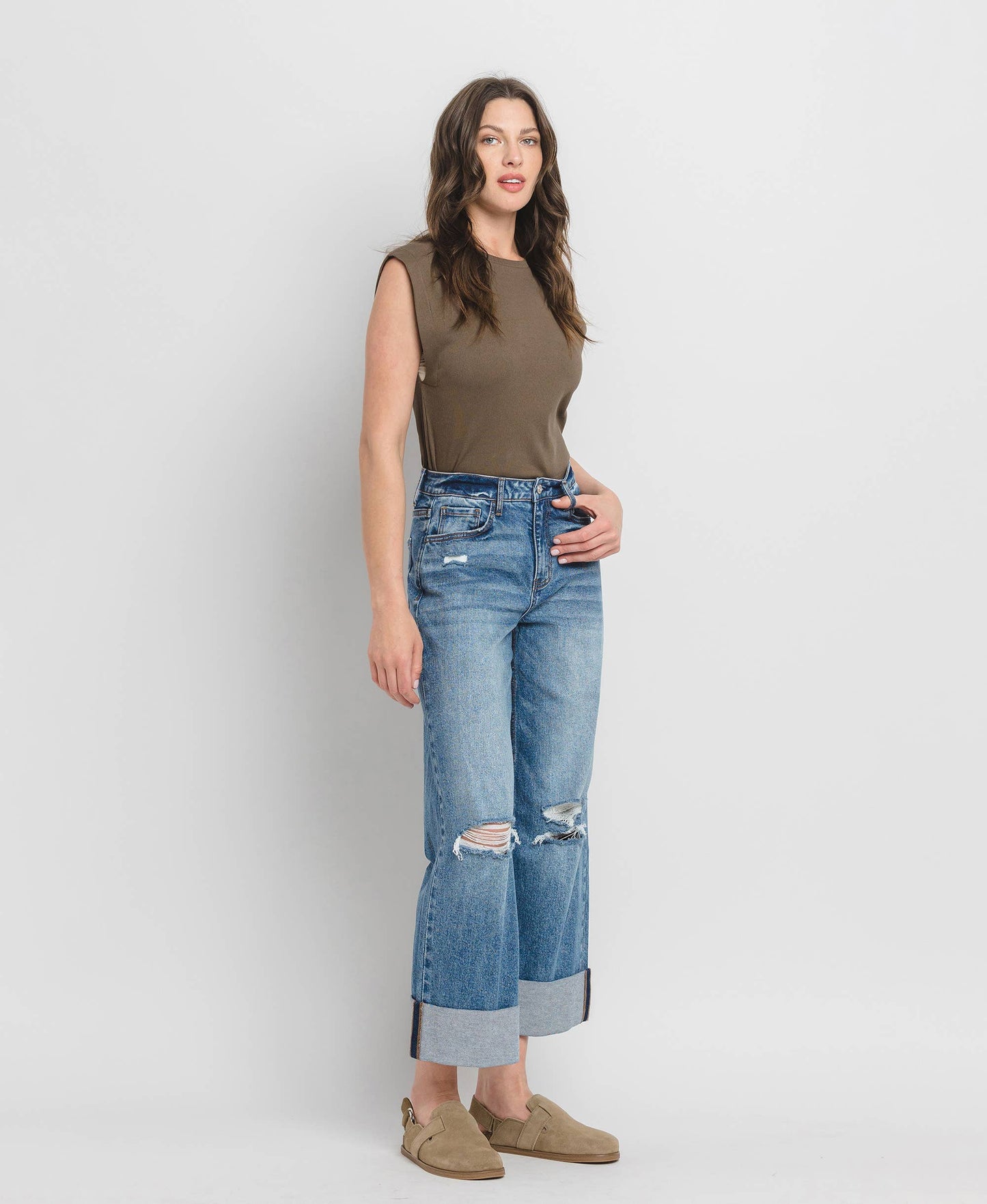 SUPER HIGH RISE DOUBLE CUFFED BAGGY WIDE JEANS LV1459