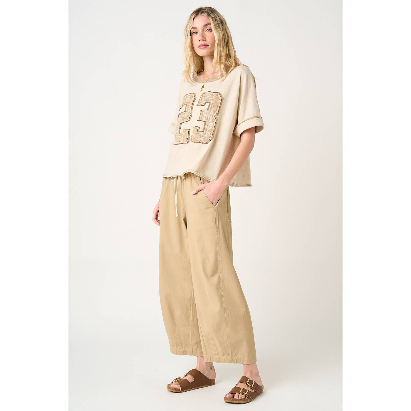 WIDE BARREL LEG DRAWSTRING ELASTIC WAIST PANTS