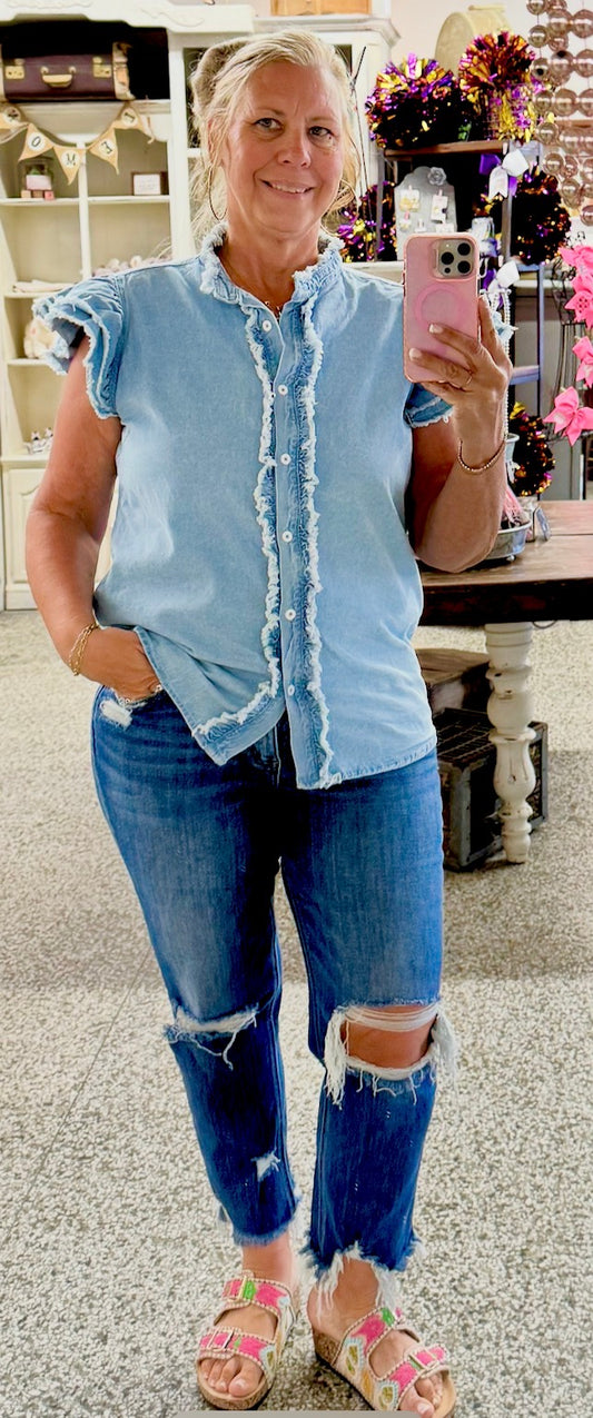 Western Button Ruffles Flutter Frayed Denim Top