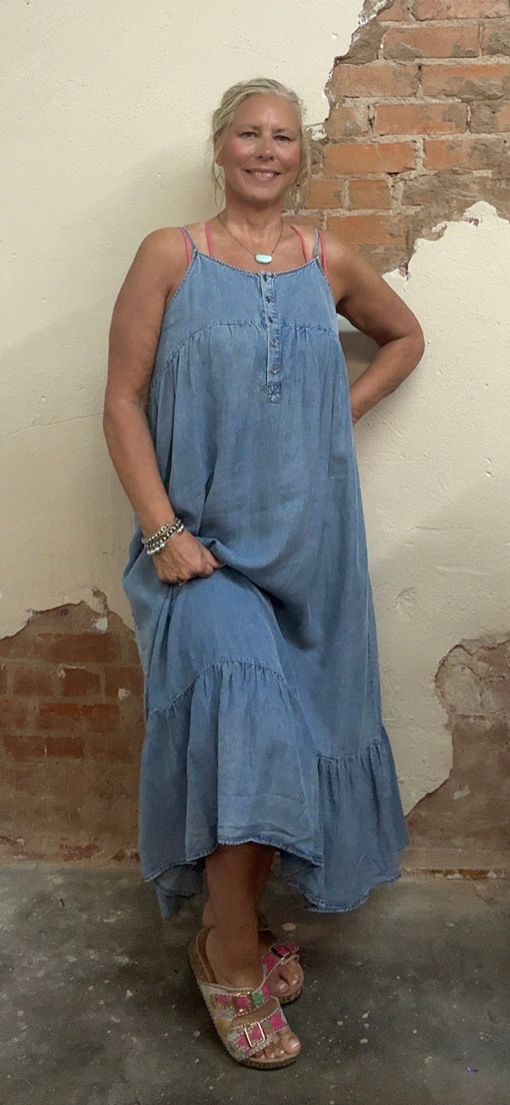 Tencel Chambray Tiered Ruffled Skirt Midi Dress -
