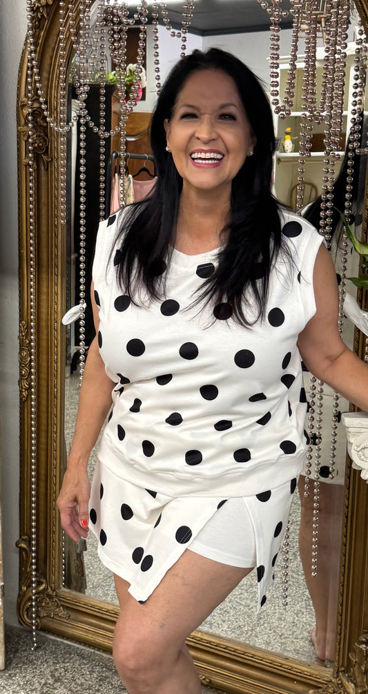 Ribbed Trim Polka Dot Tank Split Mini Skort Set(S-4X)