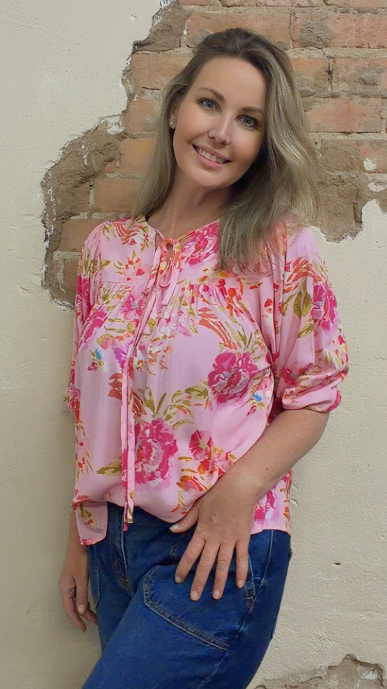 Floral Print Tie Neck Puffy Half Sleeve Blouse (S-XL)