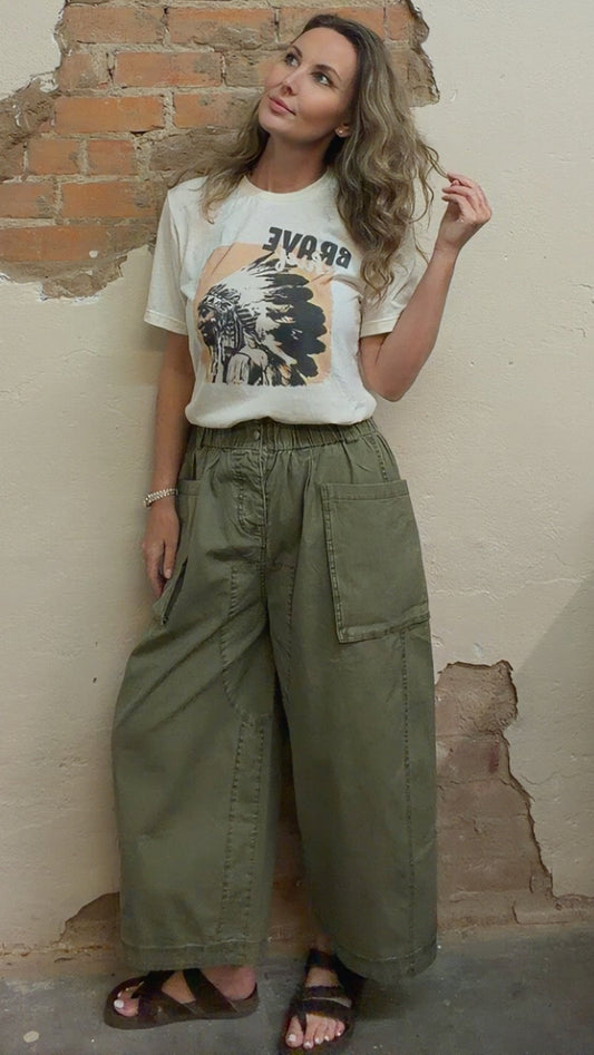 WASHED COTTON OVERSIZED POCKETS WIDE CARGO PANTS